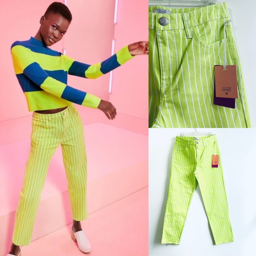 Victor Glemaud Size 6 Lime Green Pinstripe Straight Leg Jeans Denim Target New